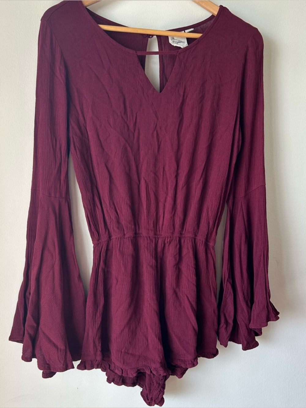 Bell Sleeve Burgundy Red Short Boutique Boho Chic Romper Small
